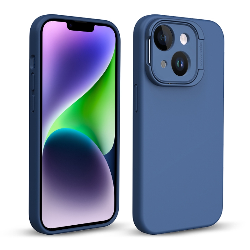 For iPhone 14 Liquid Silicone Lens Holder Phone Case(Blue) - Shopkiz.com