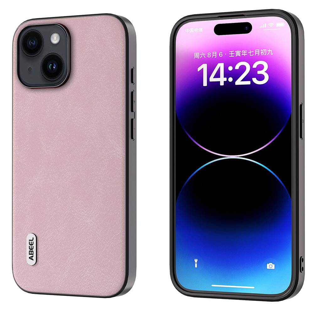 For iPhone 15 ABEEL Cowhide Texture PU Phone Case(Pink) - Shopkiz.com