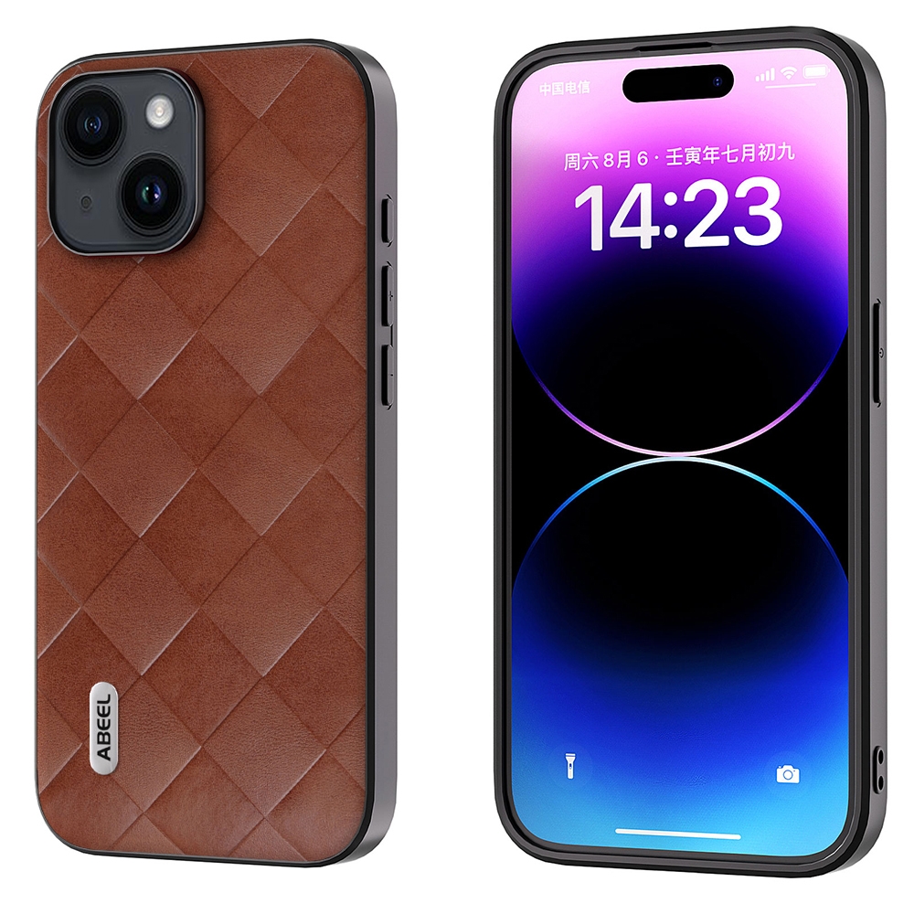 For iPhone 15 ABEEL Weave Plaid PU Phone Case(Brown) - Shopkiz.com