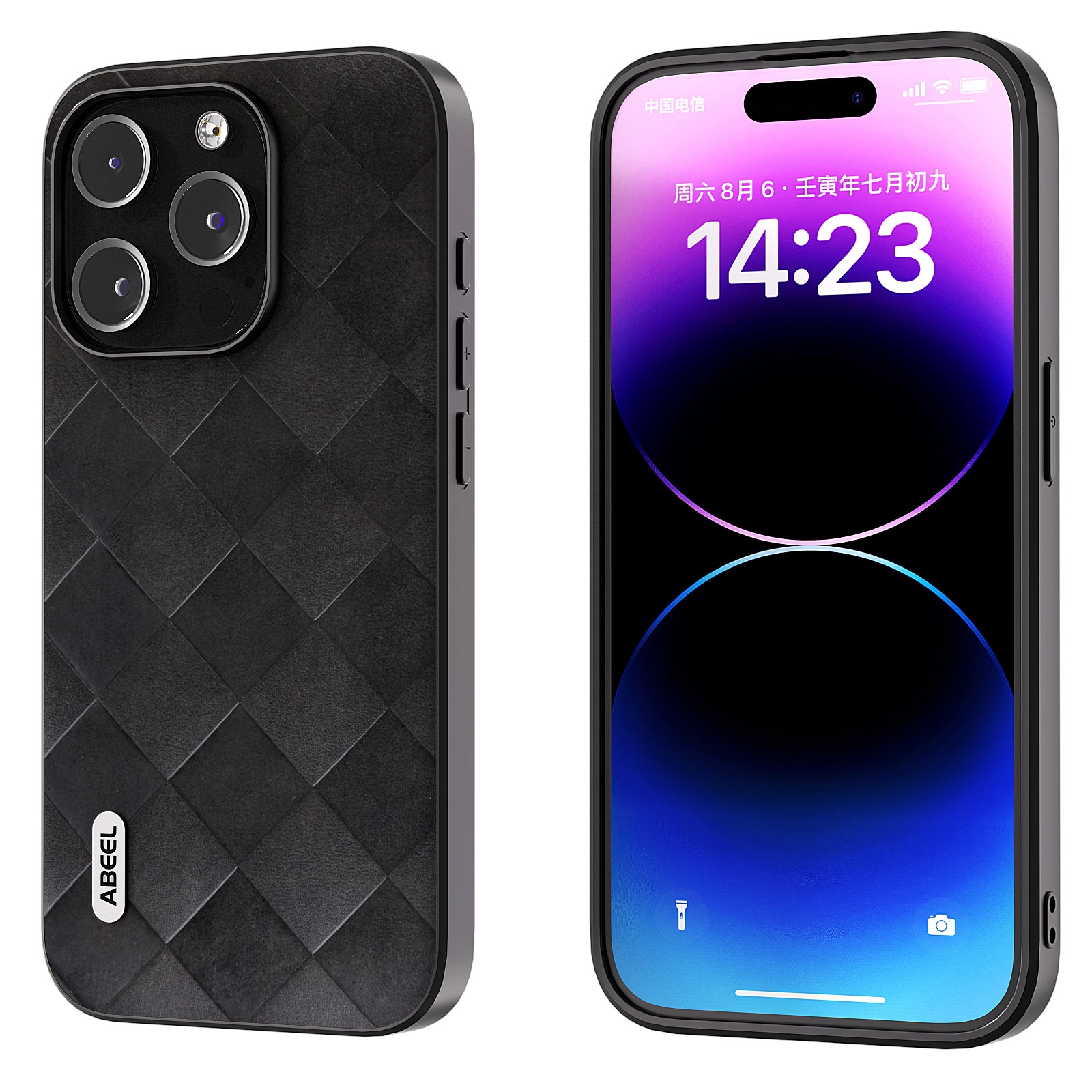 For iPhone 15 Pro Max ABEEL Weave Plaid PU Phone Case(Black) - Shopkiz.com