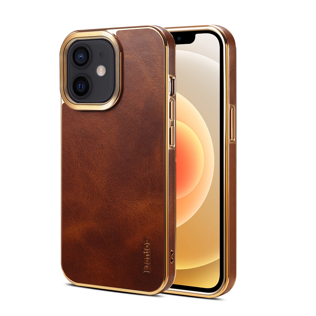For iPhone 12 Denior Oil Wax Cowhide Plating Phone Case(Brown) - Shopkiz.com