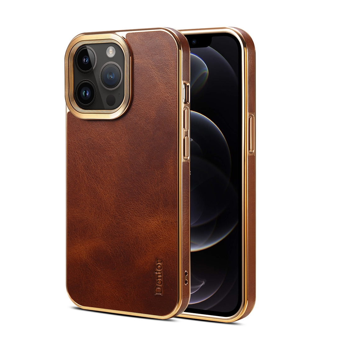 For iPhone 12 Pro Max Denior Oil Wax Cowhide Plating Phone Case(Brown) - Shopkiz.com
