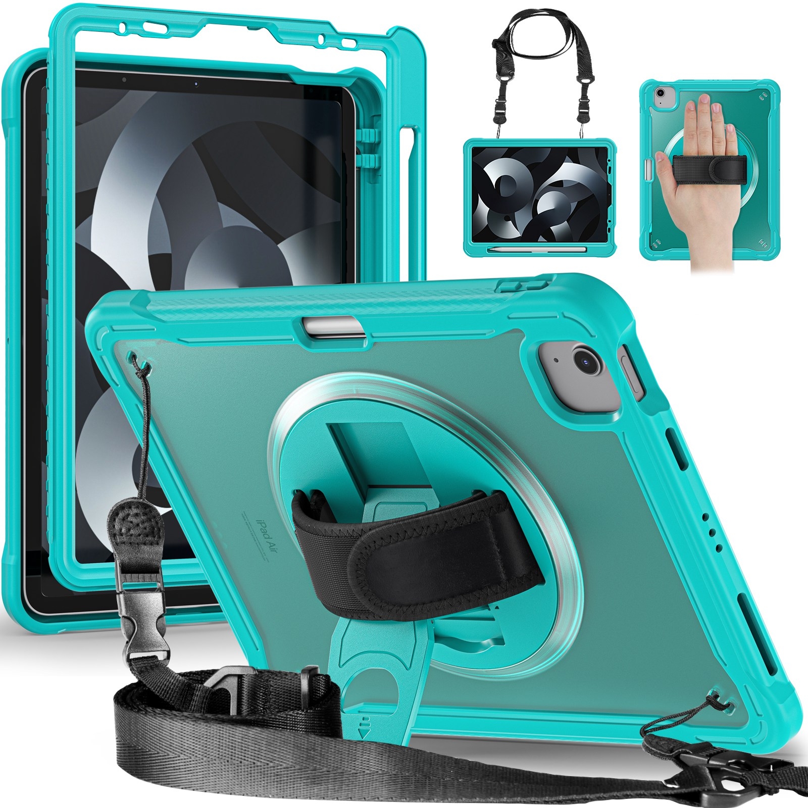 For iPad Air 2022 10.9 / Pro 11 2022 Heavy Duty Hybrid Tablet Case with Hand Grip & Strap(Light Blue) - Shopkiz.com