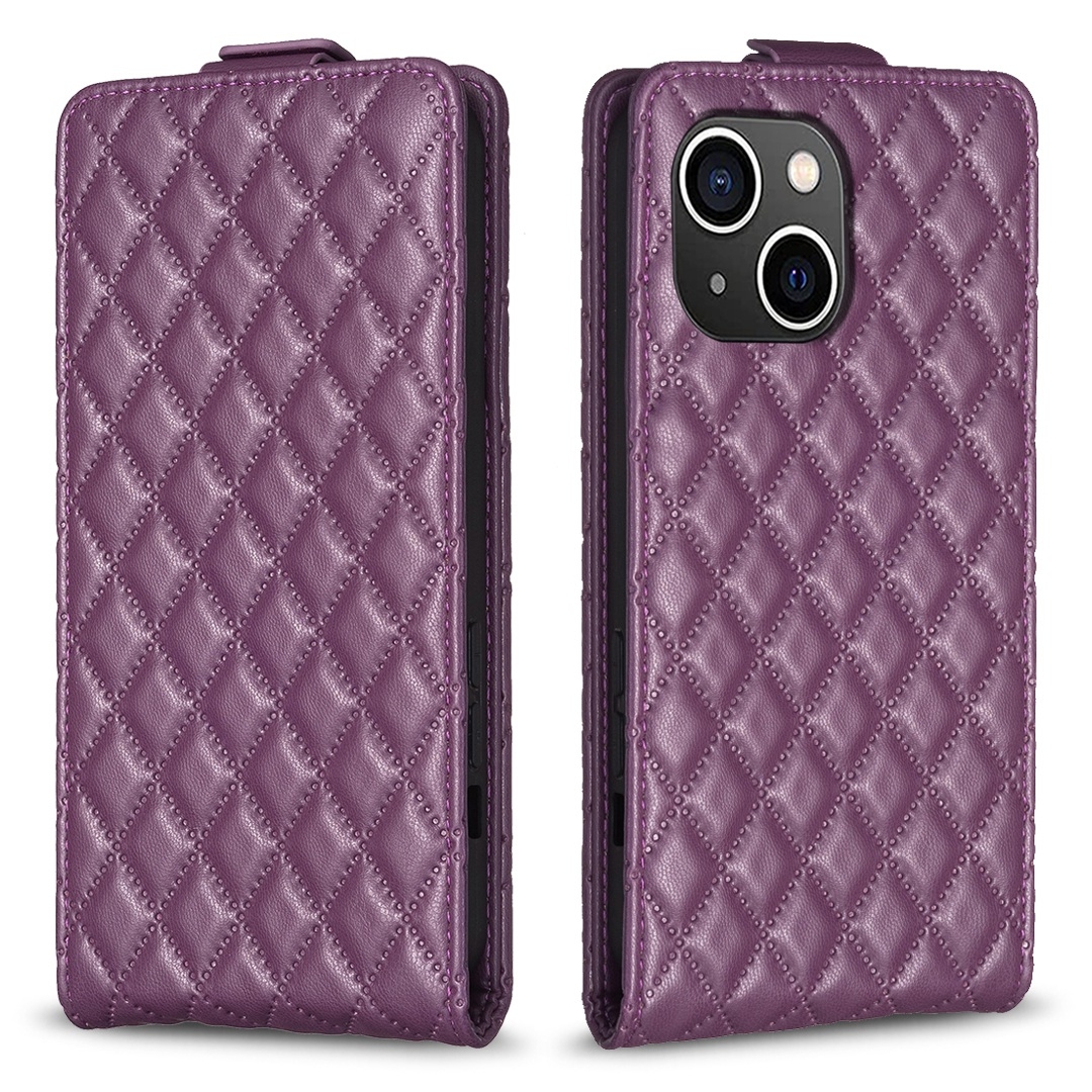 For iPhone 15 Diamond Lattice Vertical Flip Leather Phone Case(Dark Purple) - Shopkiz.com