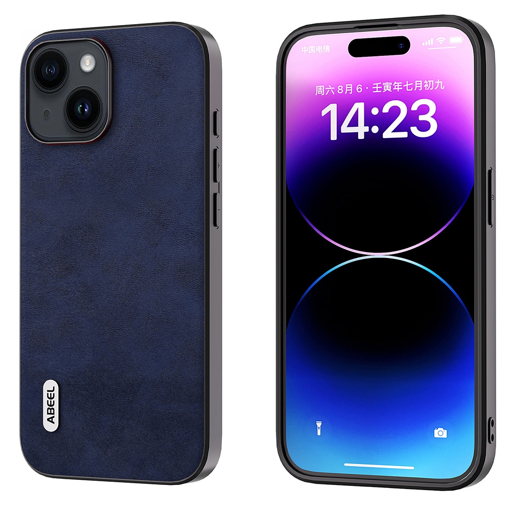 For iPhone 14 ABEEL Dual Color Cowhide Texture PU Phone Case(Blue) - Shopkiz.com