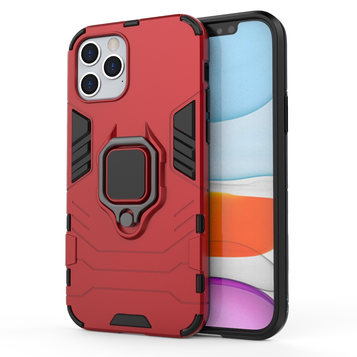 For iPhone 12 / 12 Pro Shockproof PC + TPU Protective Case with Magnetic Ring Holder(Red) - Shopkiz.com
