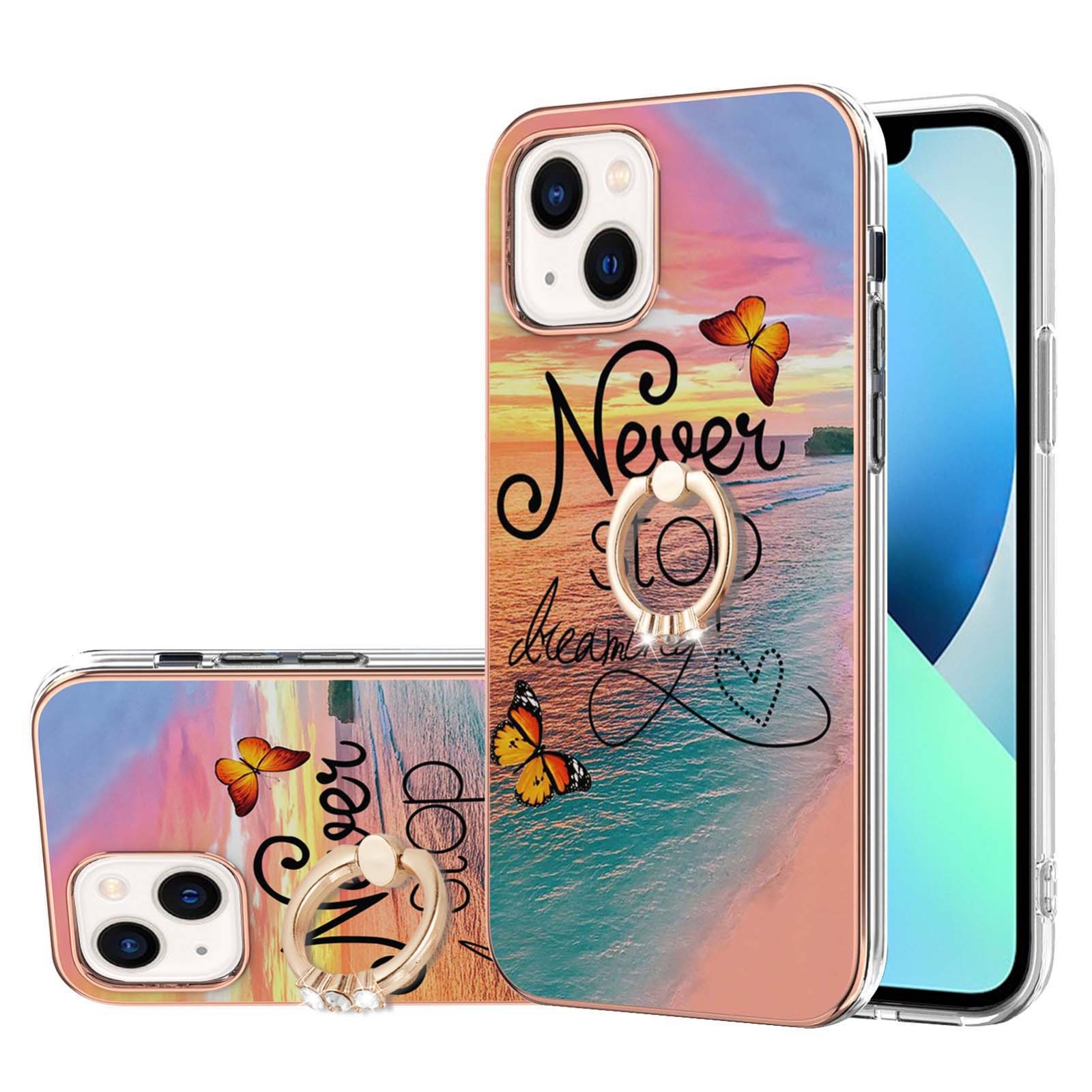 For iPhone 15 Plus Electroplating Pattern IMD TPU Shockproof Case with Rhinestone Ring Holder(Dream Chasing Butterfly) - Shopkiz.com