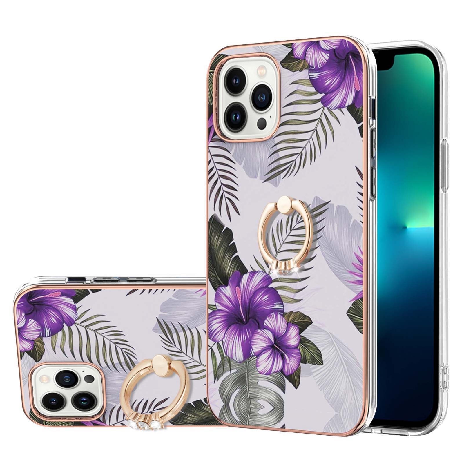 For iPhone 15 Pro Electroplating Pattern IMD TPU Shockproof Case with Rhinestone Ring Holder(Purple Flower) - Shopkiz.com