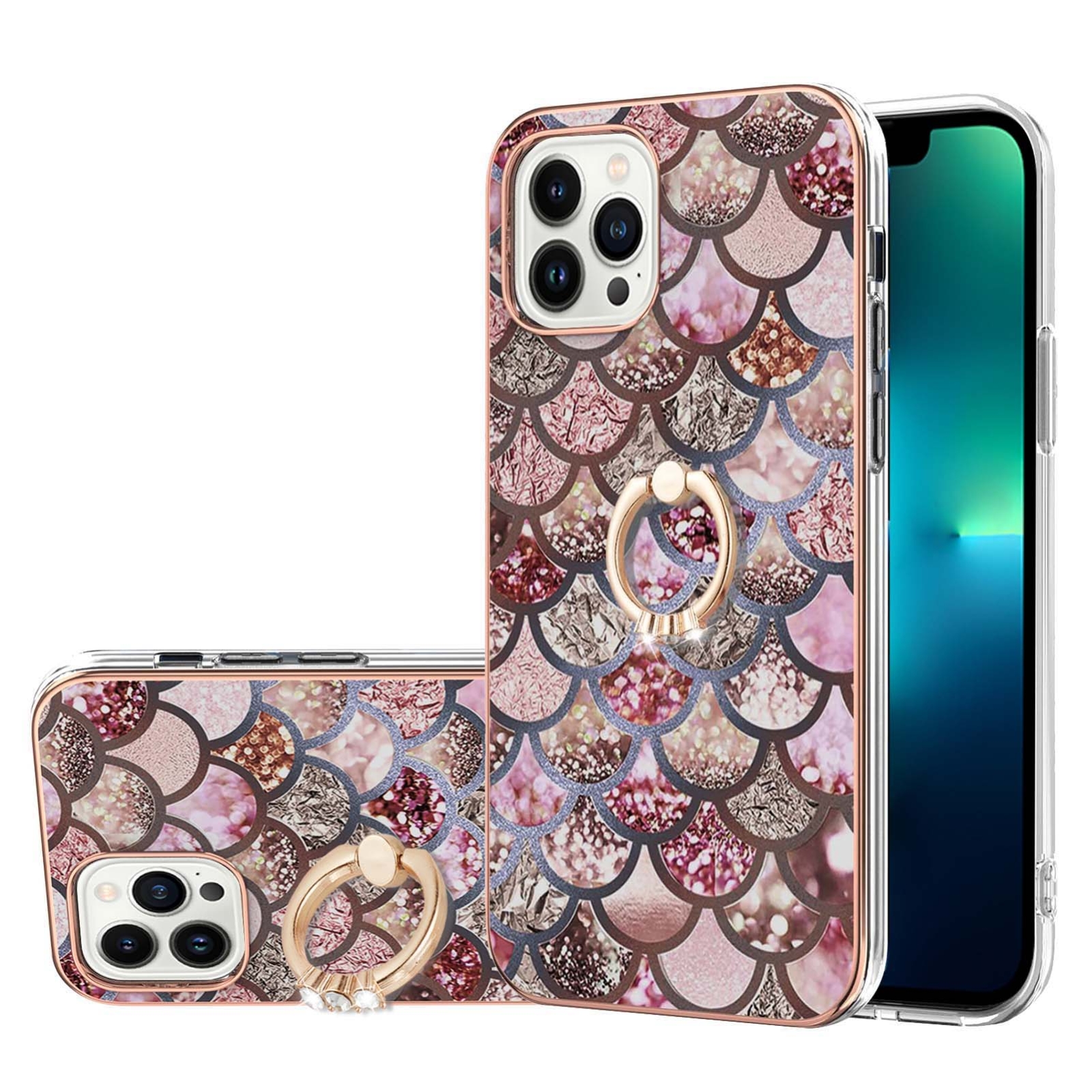 For iPhone 15 Pro Max Electroplating Pattern IMD TPU Shockproof Case with Rhinestone Ring Holder(Pink Scales) - Shopkiz.com