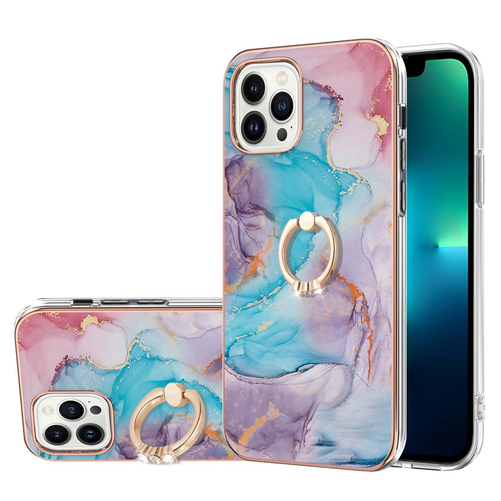 For iPhone 16 Pro Max Electroplating Pattern IMD TPU Shockproof Case with Rhinestone Ring Holder(Milky Way Blue Marble) - Shopkiz.com