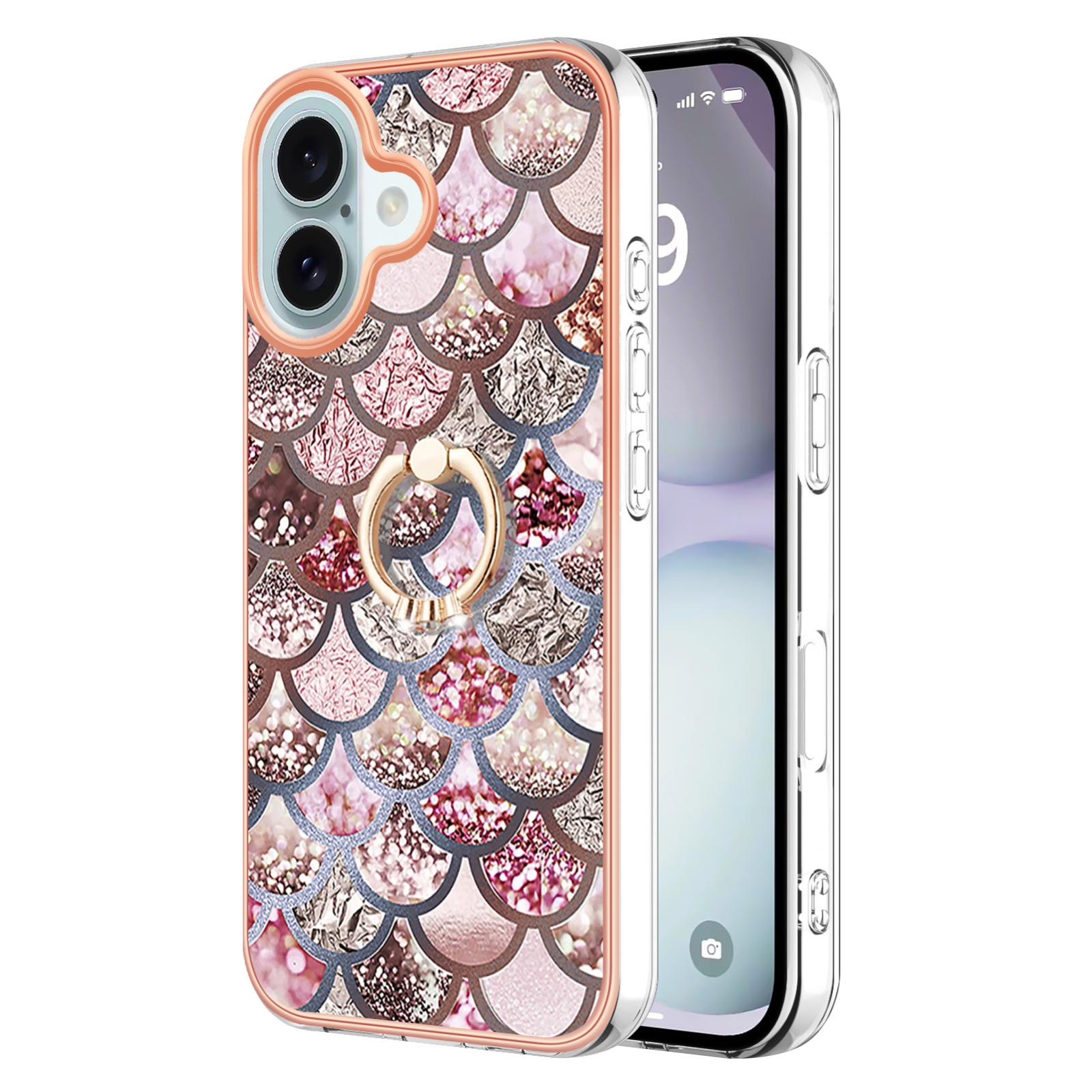 For iPhone 16 Plus Electroplating Pattern IMD TPU Shockproof Case with Rhinestone Ring Holder(Pink Scales) - Shopkiz.com