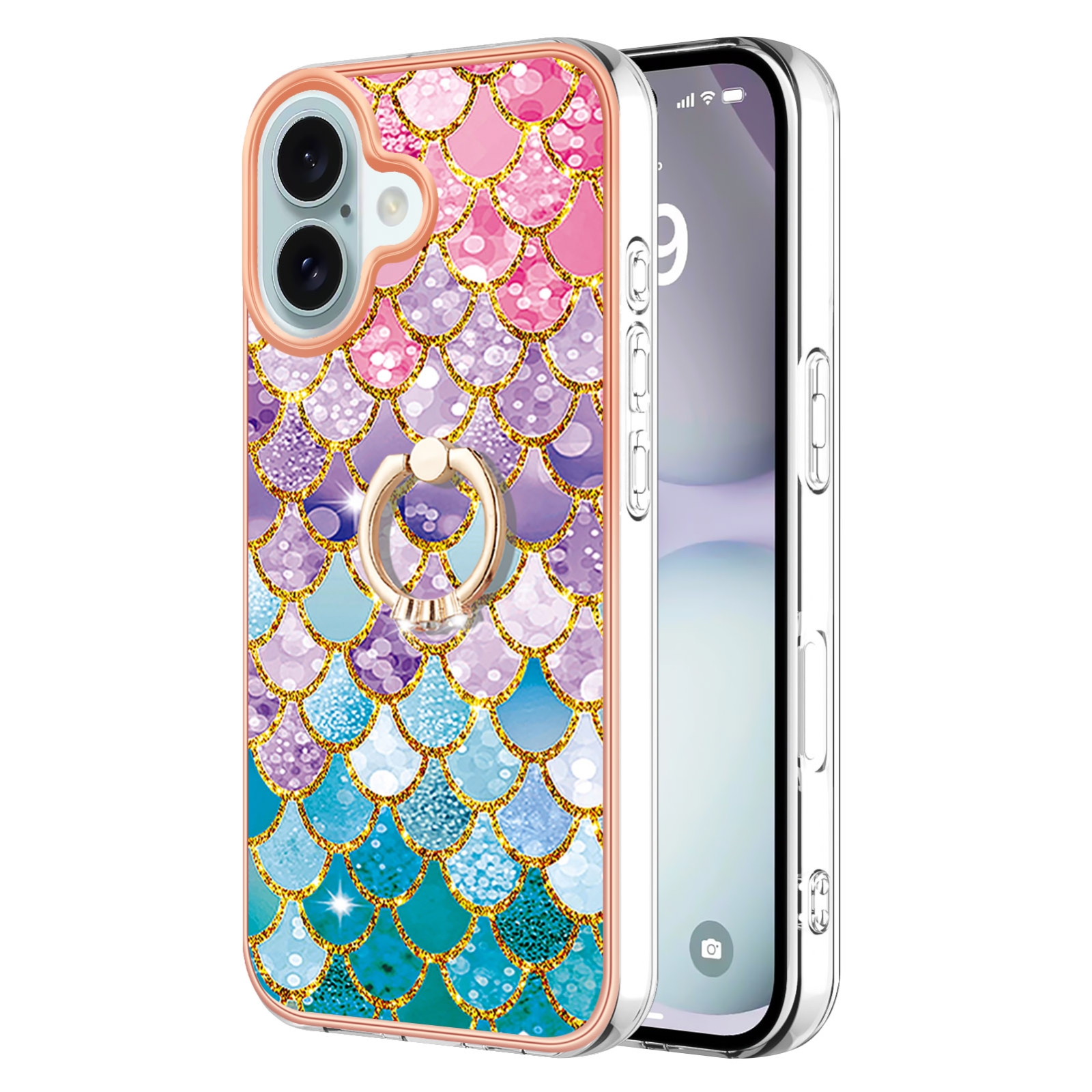 For iPhone 16 Plus Electroplating Pattern IMD TPU Shockproof Case with Rhinestone Ring Holder(Colorful Scales) - Shopkiz.com