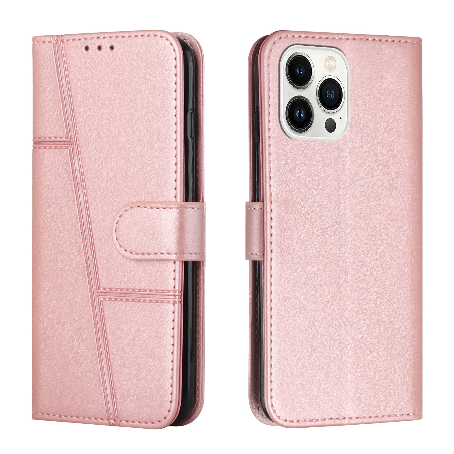 For iPhone 15 Pro Max Stitching Calf Texture Buckle Leather Phone Case(Rose Gold) - Shopkiz.com