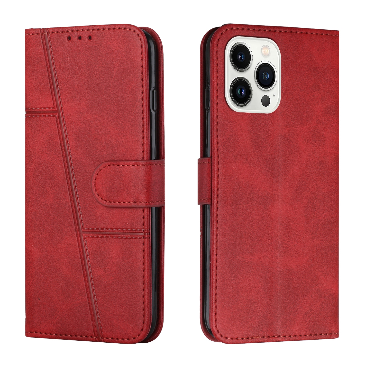 For iPhone 15 Pro Stitching Calf Texture Buckle Leather Phone Case(Red) - Shopkiz.com