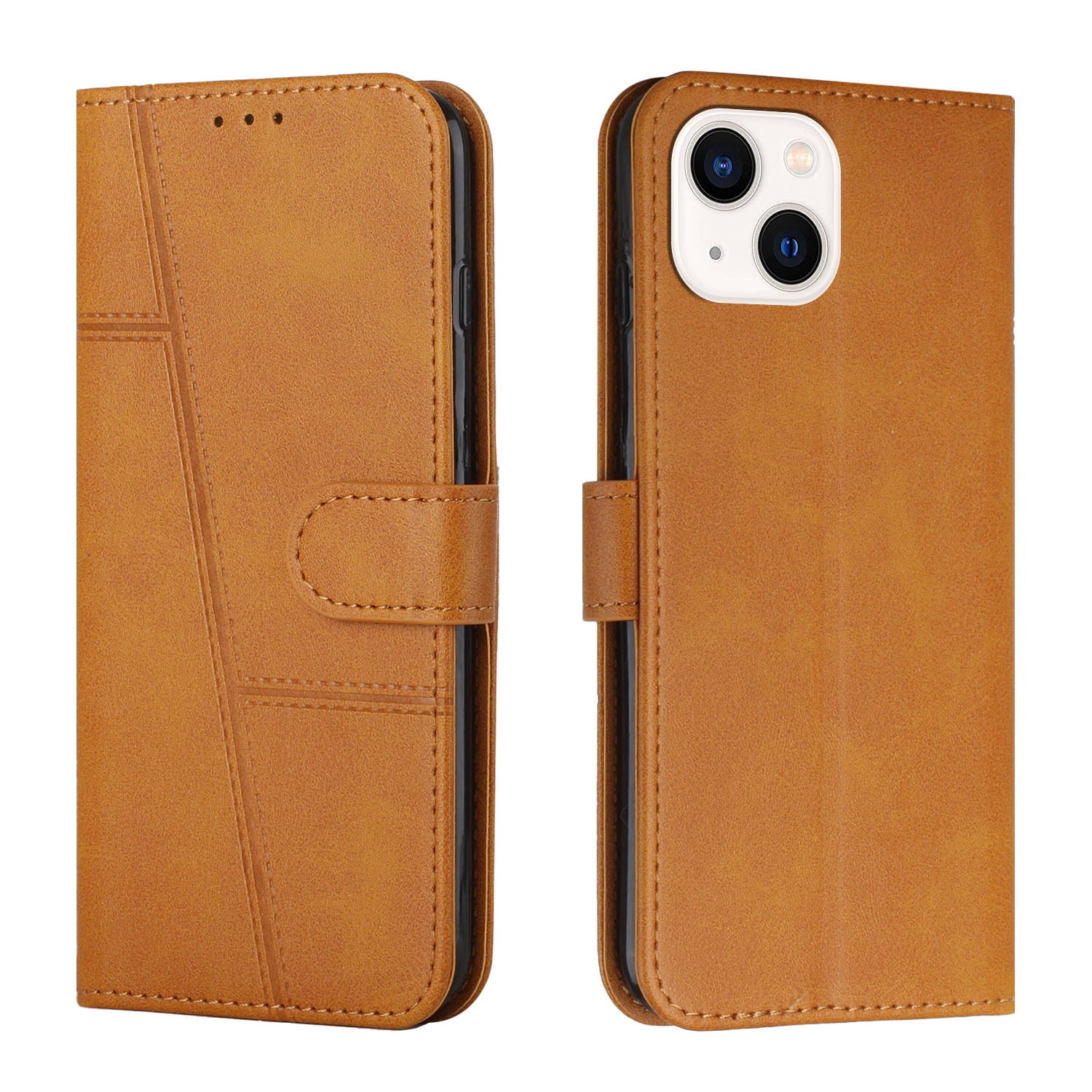 For iPhone 15 Plus Stitching Calf Texture Buckle Leather Phone Case(Yellow) - Shopkiz.com