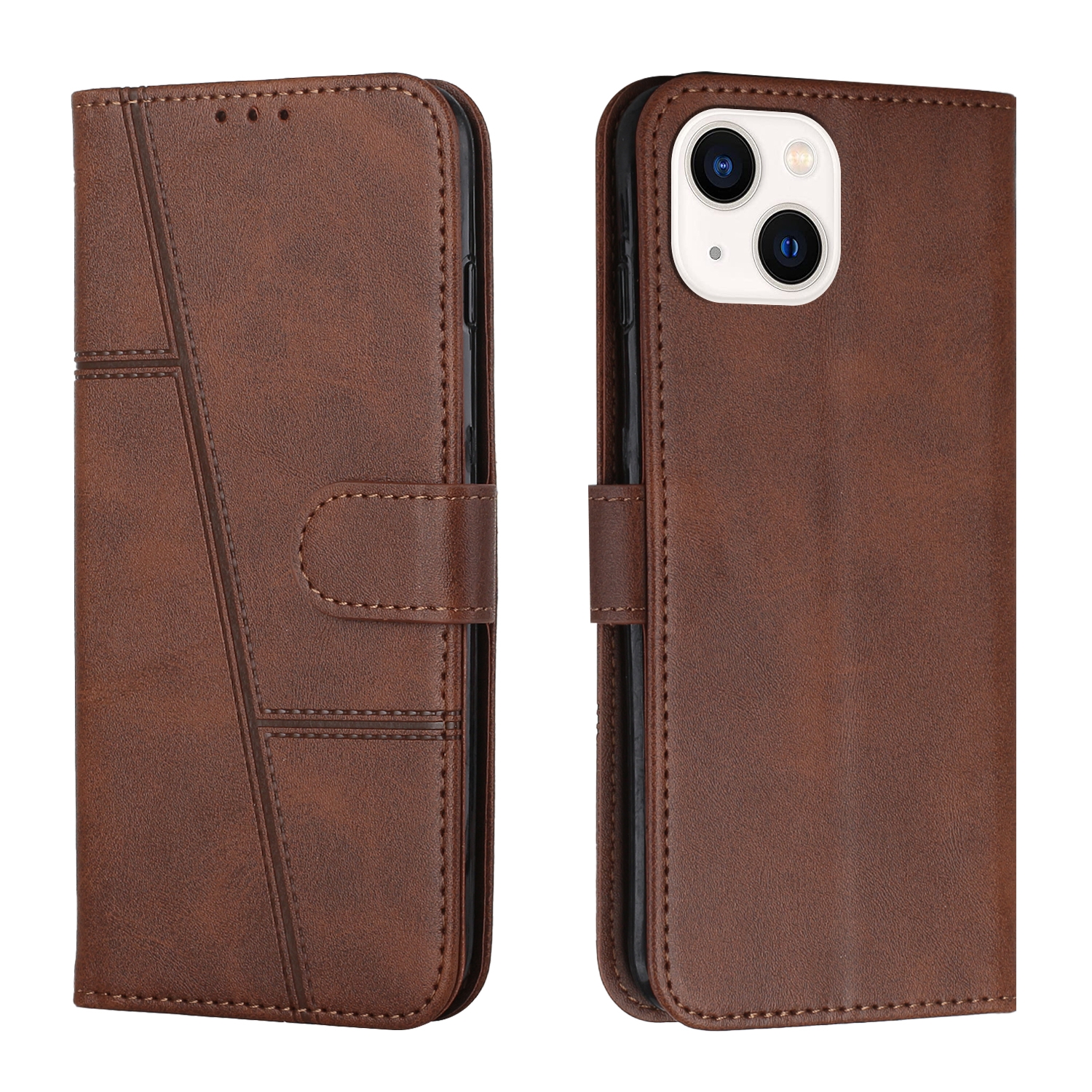 For iPhone 15 Stitching Calf Texture Buckle Leather Phone Case(Brown) - Shopkiz.com