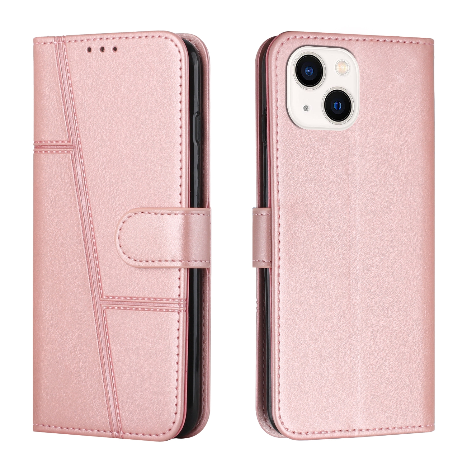 For iPhone 15 Stitching Calf Texture Buckle Leather Phone Case(Rose Gold) - Shopkiz.com