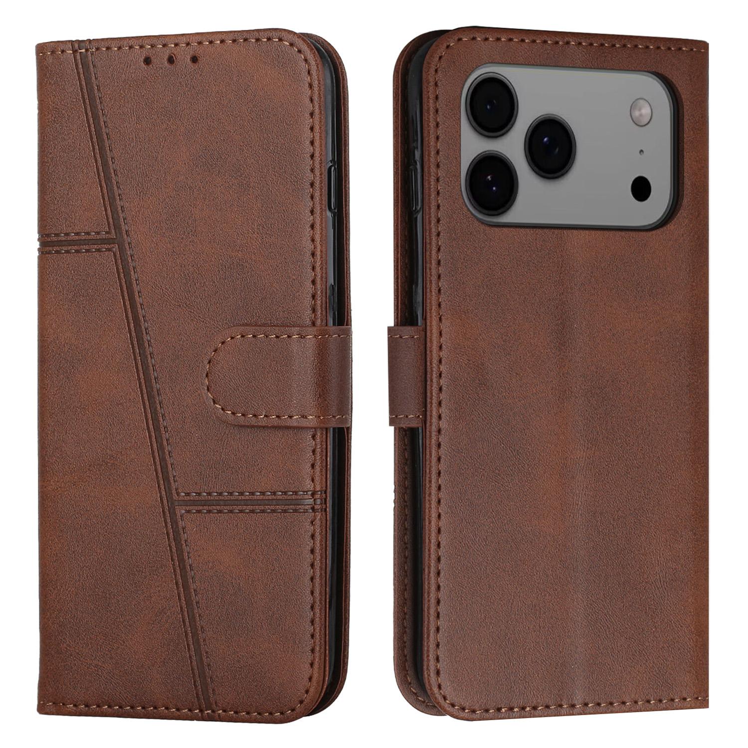 For iPhone 17 Pro Max Stitching Calf Texture Buckle Leather Phone Case(Brown) - Shopkiz.com