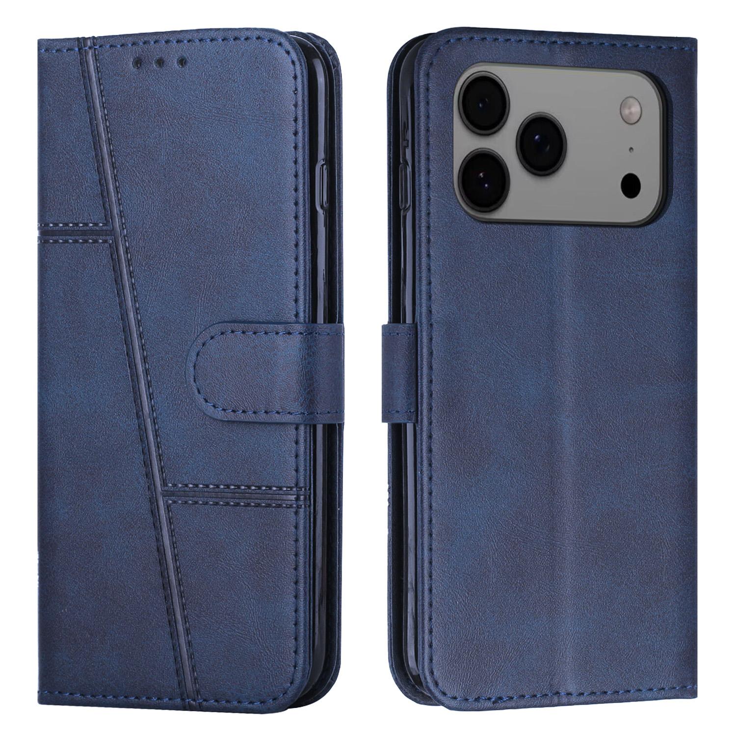 For iPhone 17 Pro Max Stitching Calf Texture Buckle Leather Phone Case(Blue) - Shopkiz.com