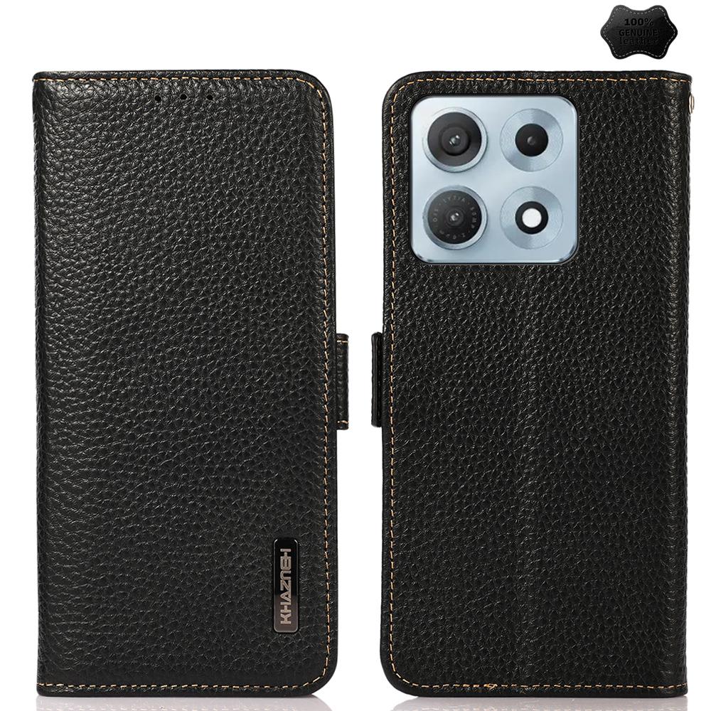 For Motorola Edge 70 Max 5G KHAZNEH Side-Magnetic Litchi Genuine Leather RFID Phone Case(Black) - Shopkiz.com