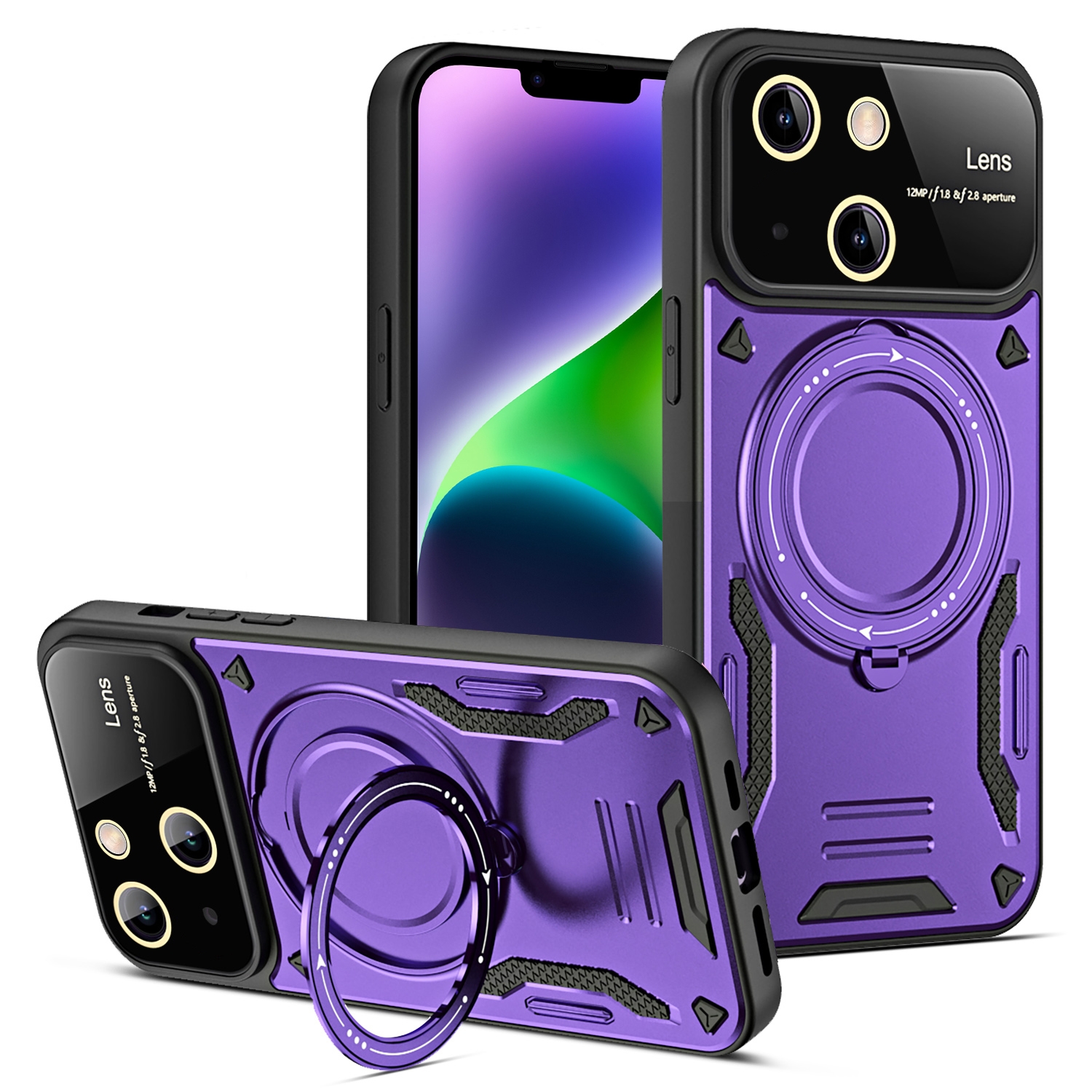 For iPhone 14 Plus Large Window MagSafe Holder Phone Case(Purple) - Shopkiz.com