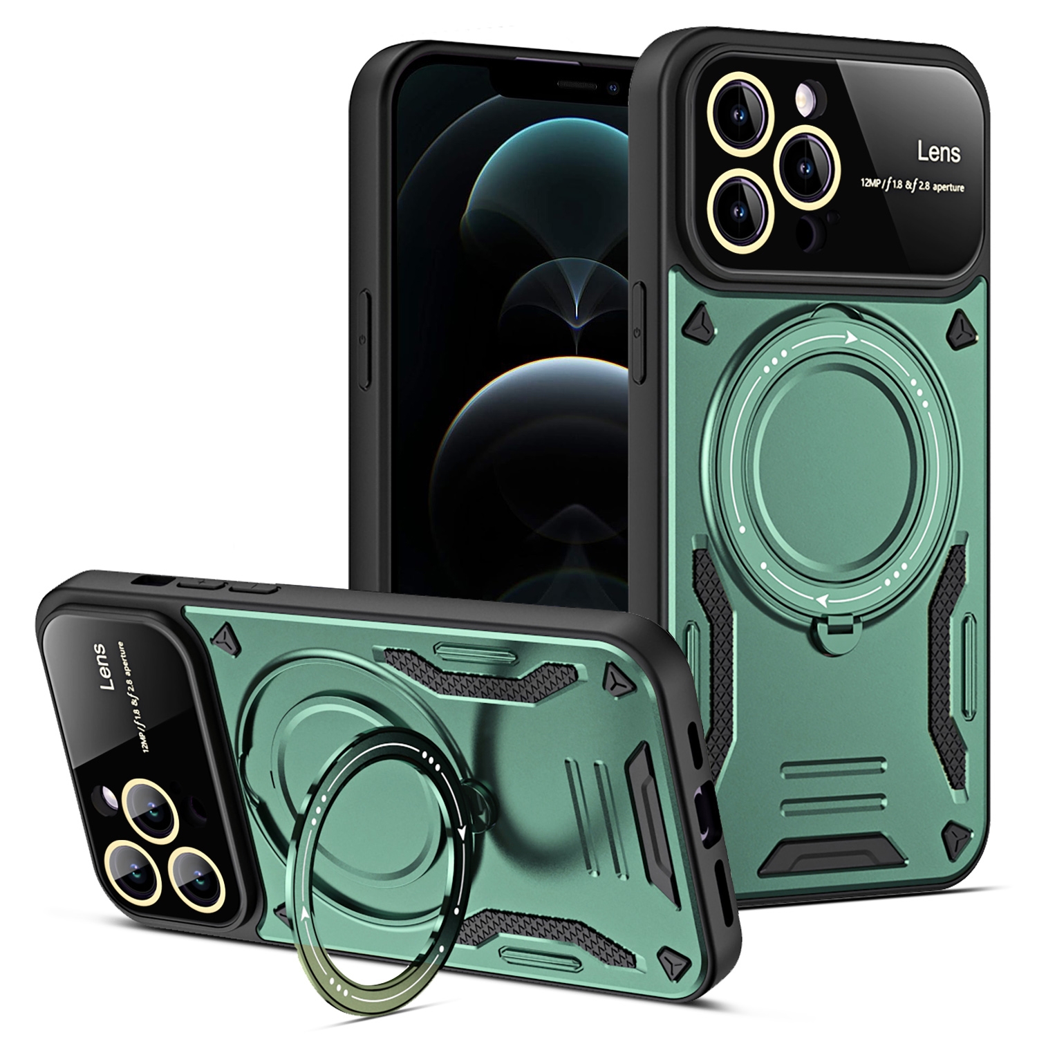 For iPhone 12 Pro Max Large Window MagSafe Holder Phone Case(Green) - Shopkiz.com