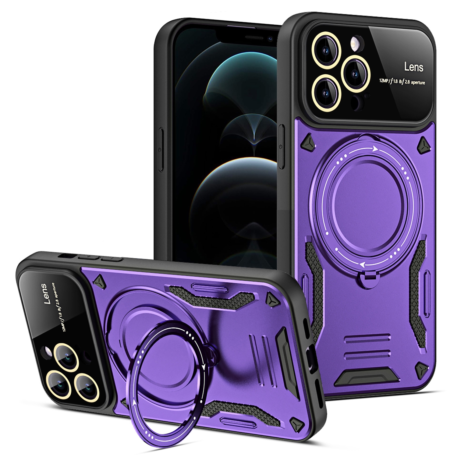 For iPhone 12 Pro Max Large Window MagSafe Holder Phone Case(Purple) - Shopkiz.com