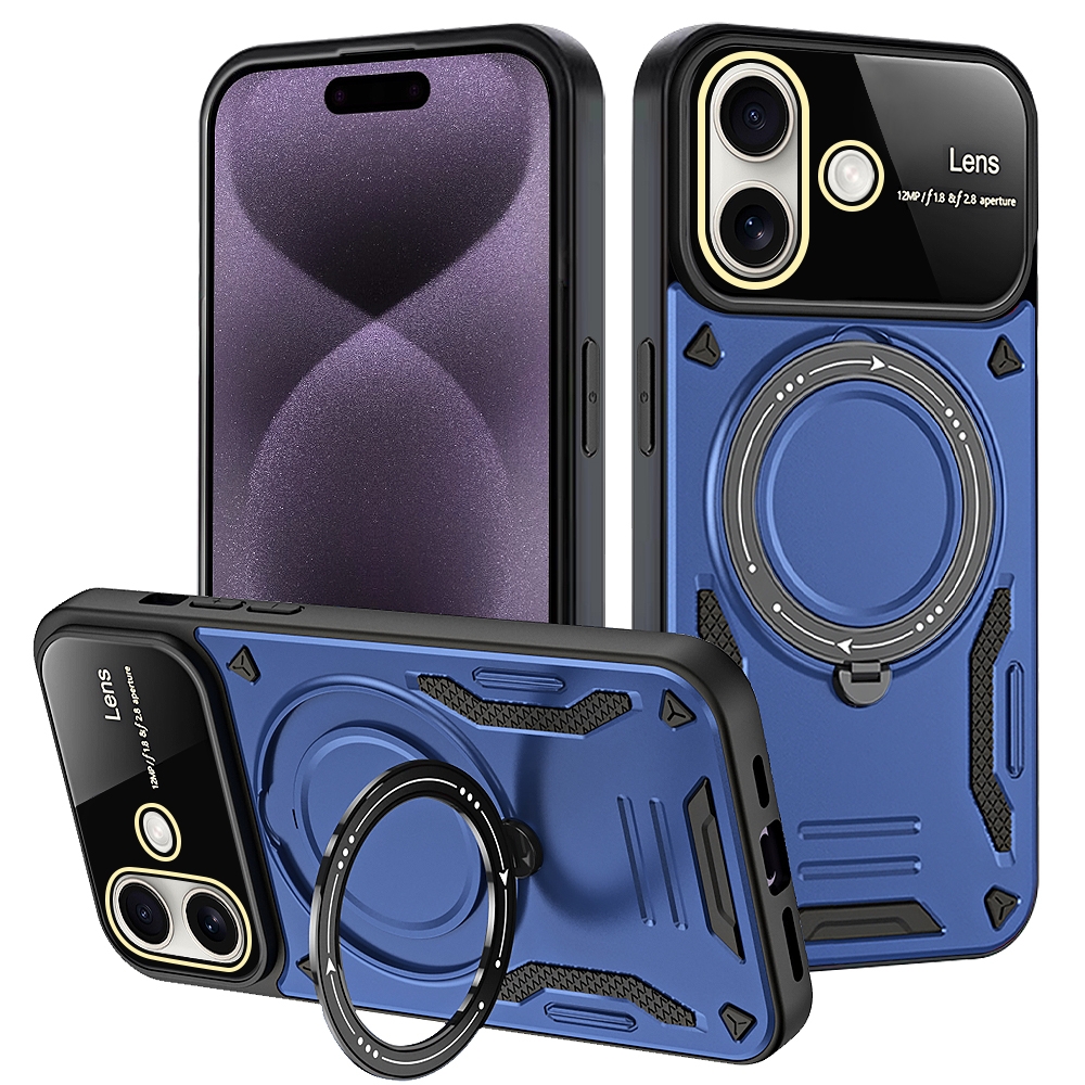 For iPhone 16 Large Window MagSafe Holder Phone Case(Blue) - Shopkiz.com