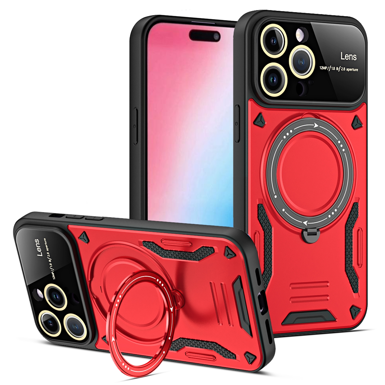 For iPhone 15 Pro Large Window MagSafe Holder Phone Case(Red) - Shopkiz.com