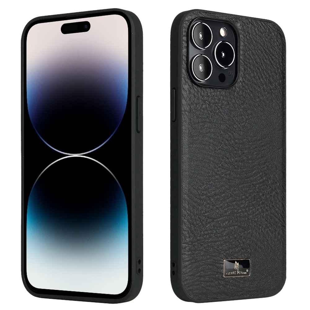 For iPhone 15 Pro Max Fierre Shann Leather Texture Phone Back Cover Case(Cowhide Black) - Shopkiz.com
