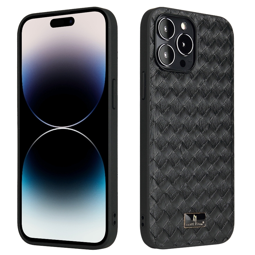 For iPhone 15 Pro Fierre Shann Leather Texture Phone Back Cover Case(Woven Black) - Shopkiz.com