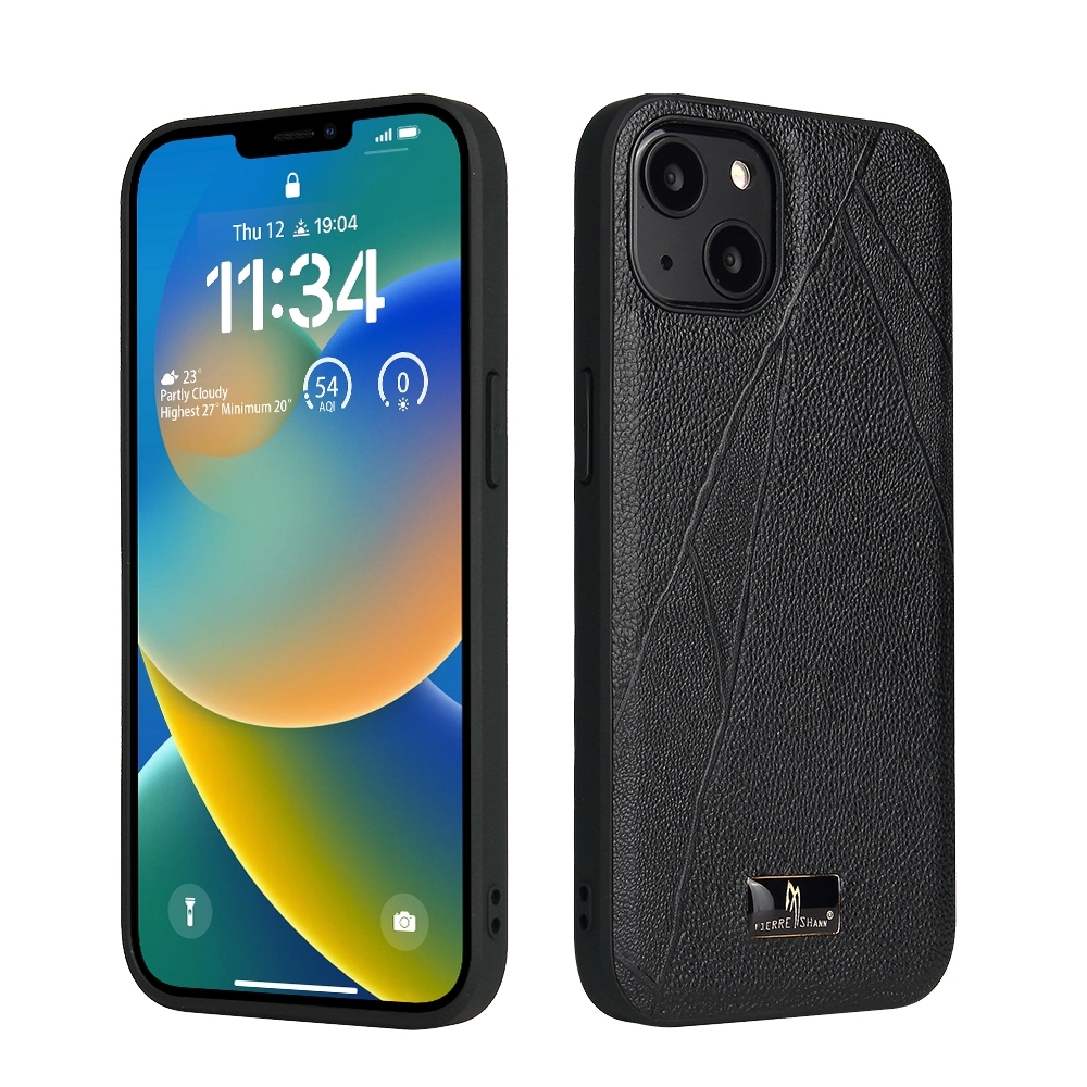 For iPhone 15 Fierre Shann Leather Texture Phone Back Cover Case(Ox Tendon Black) - Shopkiz.com
