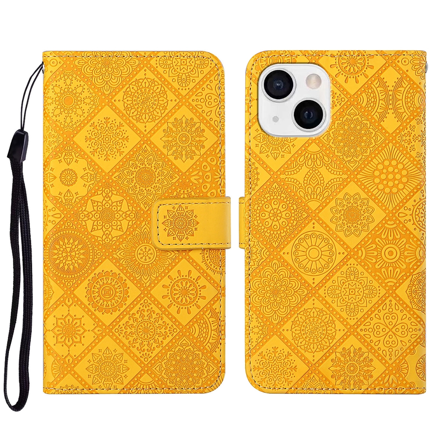 For iPhone 15 Plus Ethnic Style Embossed Pattern Leather Phone Case(Yellow) - Shopkiz.com