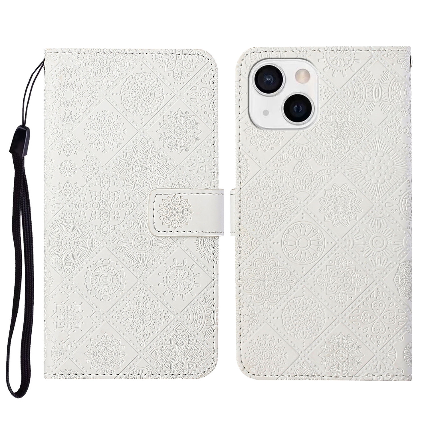For iPhone 15 Plus Ethnic Style Embossed Pattern Leather Phone Case(White) - Shopkiz.com