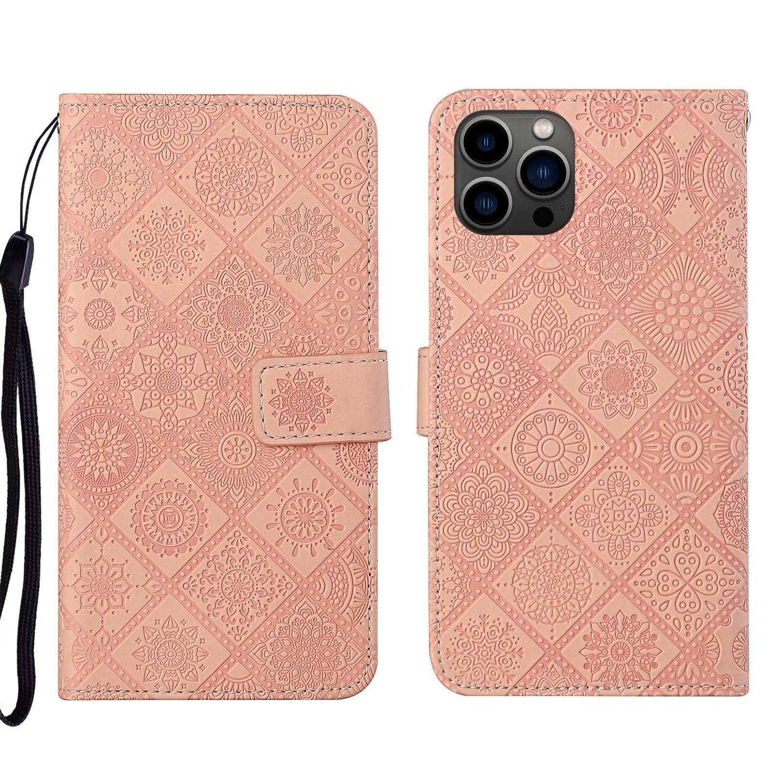 For iPhone 16 Pro Max Ethnic Style Embossed Pattern Leather Phone Case(Pink) - Shopkiz.com