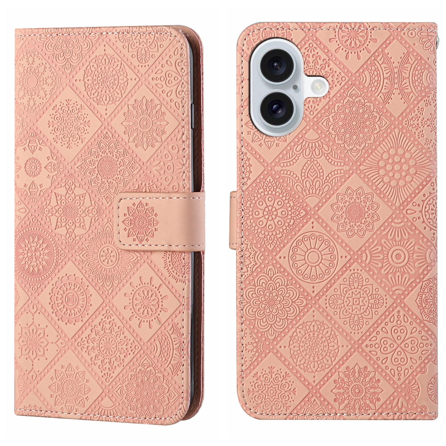 For iPhone 16 Plus Ethnic Style Embossed Pattern Leather Phone Case(Pink) - Shopkiz.com