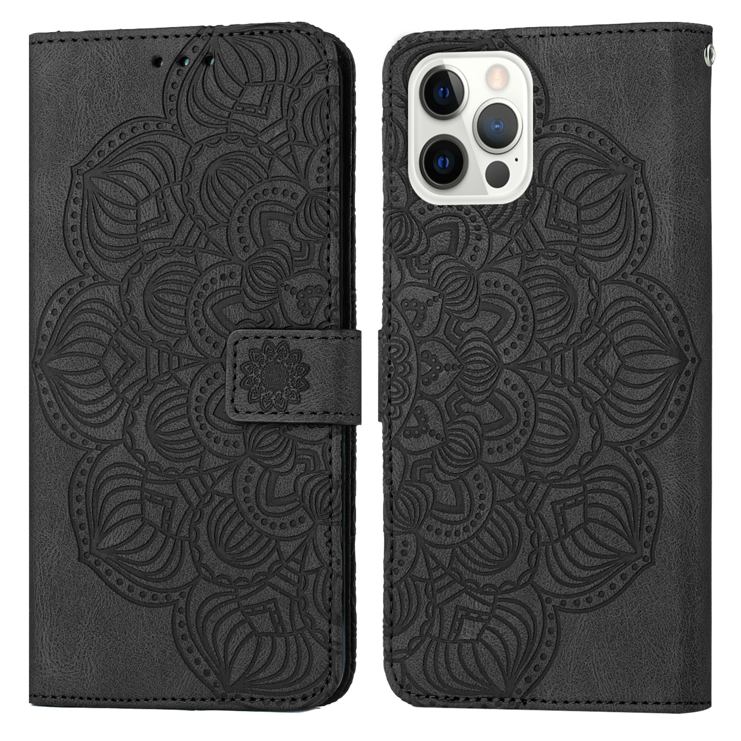 For iPhone 15 Pro Max Mandala Embossed Flip Leather Phone Case(Black) - Shopkiz.com