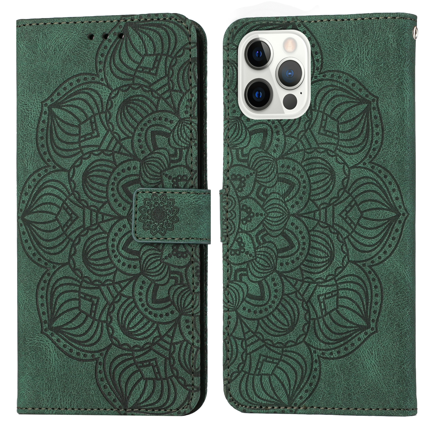 For iPhone 15 Pro Mandala Embossed Flip Leather Phone Case(Green) - Shopkiz.com