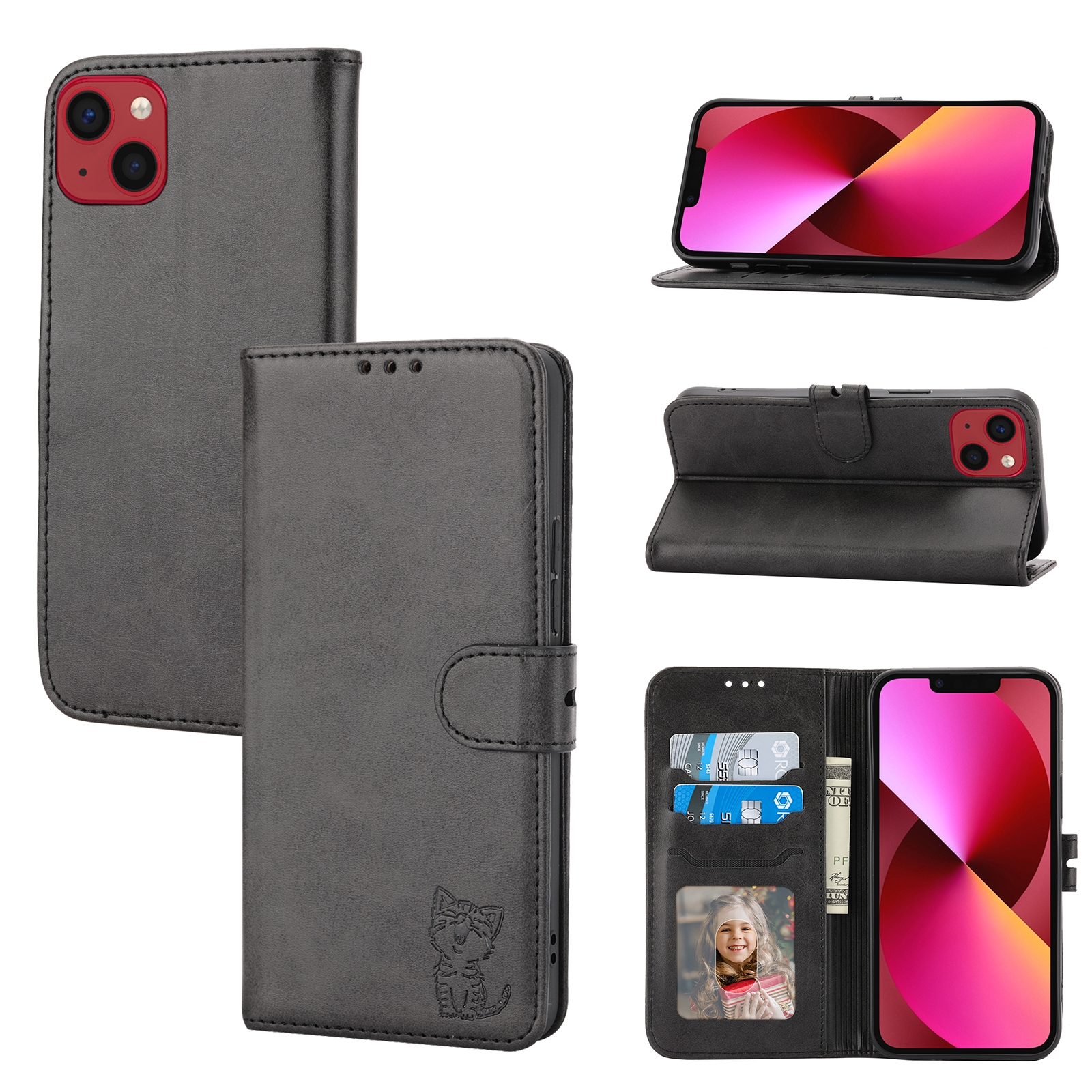 For iPhone 15 Embossed Happy Cat Pattern Flip Leather Phone Case(Black) - Shopkiz.com