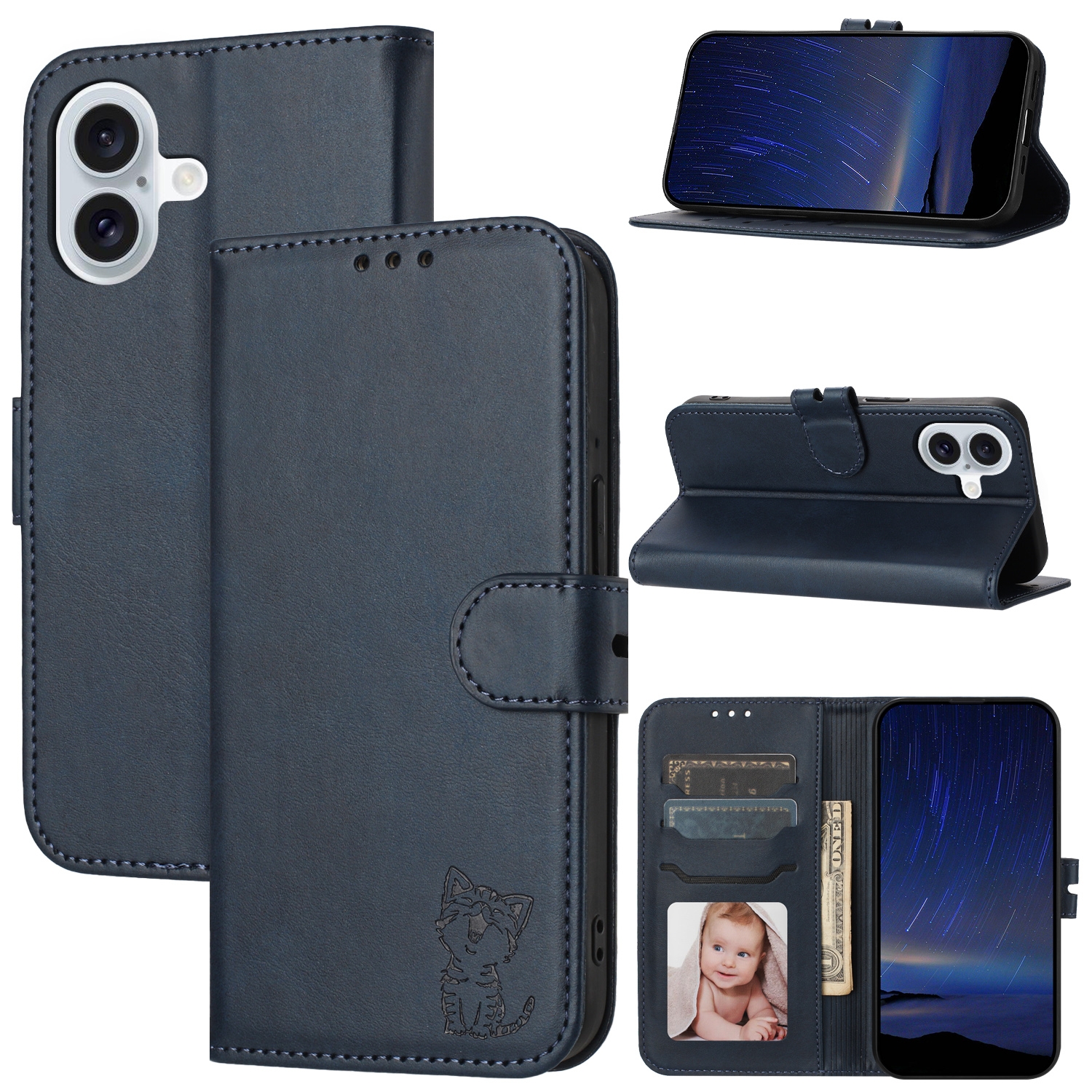 For iPhone 16 Embossed Happy Cat Pattern Flip Leather Phone Case(Blue) - Shopkiz.com