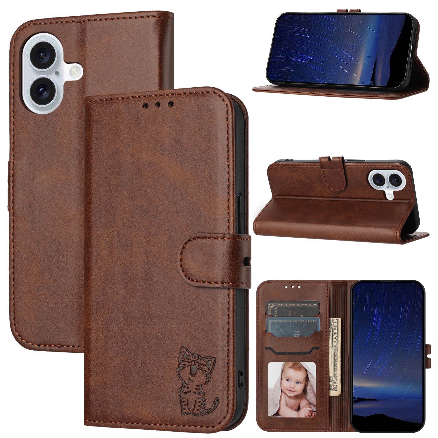 For iPhone 16 Embossed Happy Cat Pattern Flip Leather Phone Case(Brown) - Shopkiz.com