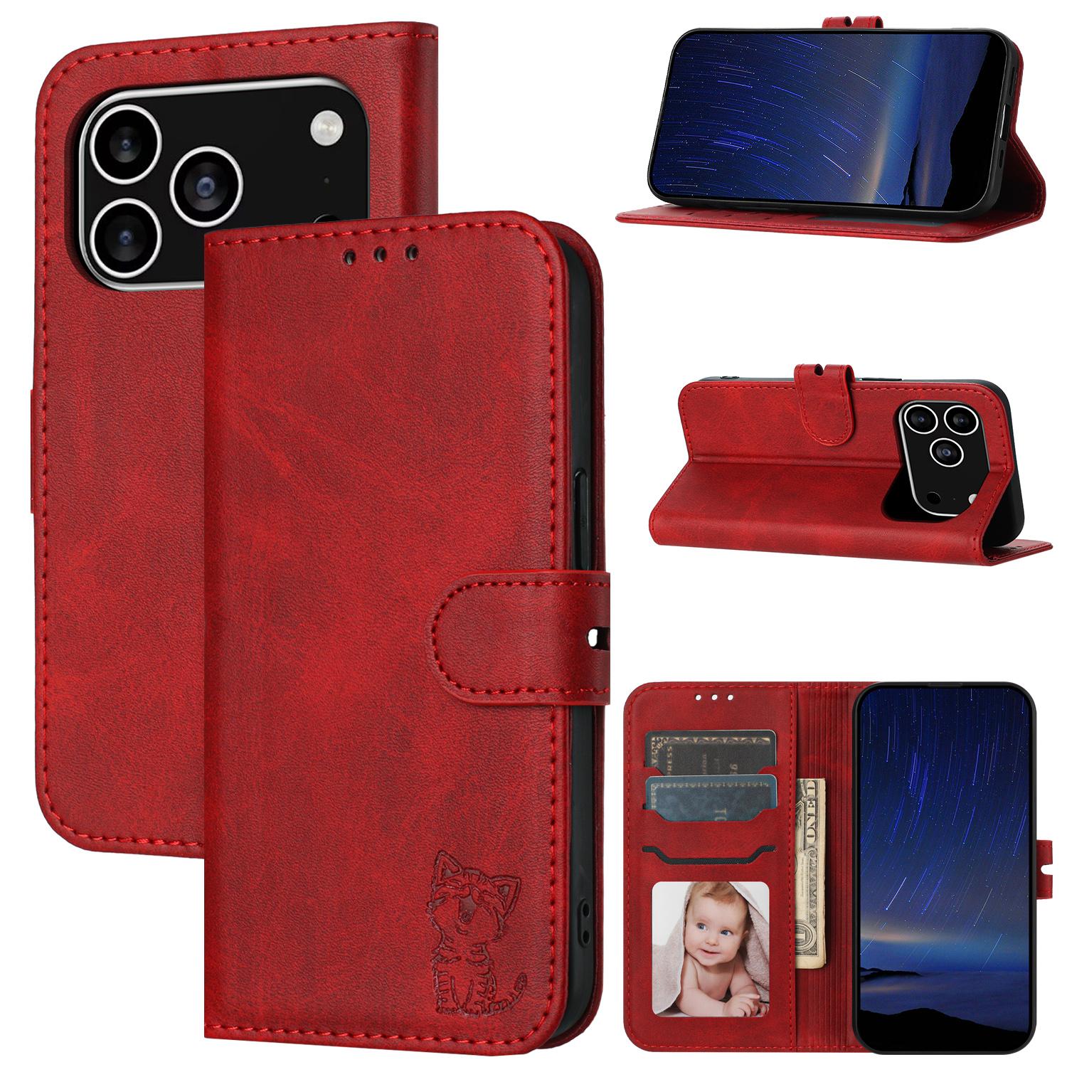 For iPhone 17 Pro Embossed Happy Cat Pattern Flip Leather Phone Case(Red) - Shopkiz.com