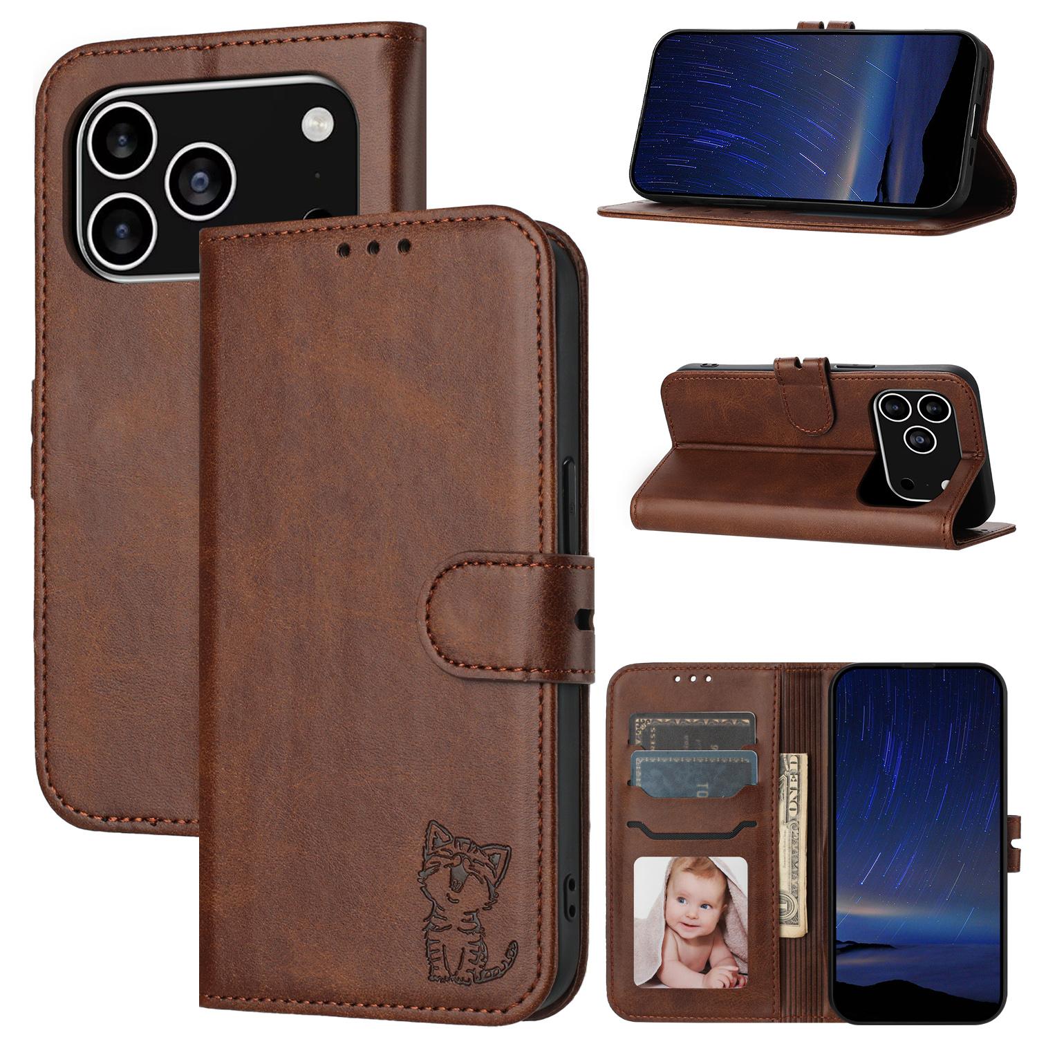 For iPhone 17 Pro Embossed Happy Cat Pattern Flip Leather Phone Case(Brown) - Shopkiz.com