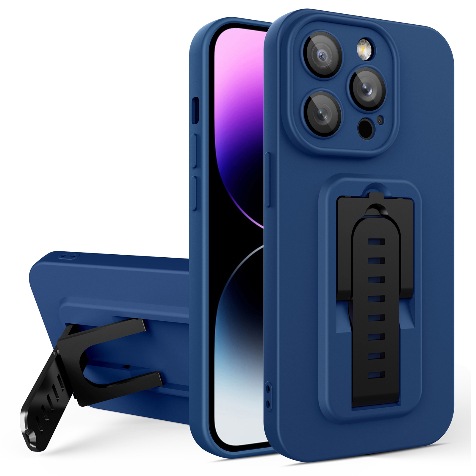 For iPhone 15 Pro Strap Holder Shockproof Protective Phone Case with Lens Film(Blue + Black) - Shopkiz.com