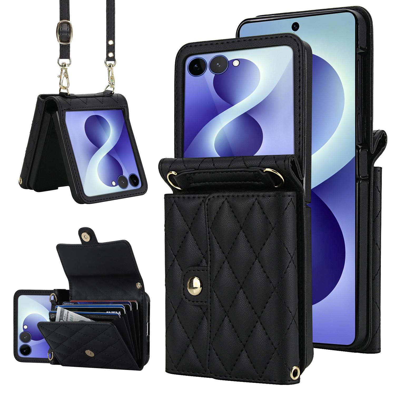 For Galaxy Z Flip8 5G Rhombic Texture Card Bag PU Phone Case with Long Lanyard(Black) - Shopkiz.com
