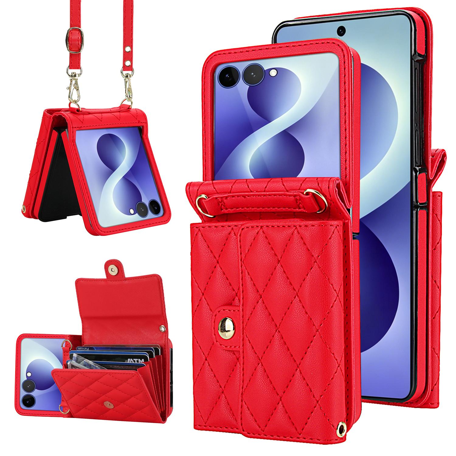 For Galaxy Z Flip8 5G Rhombic Texture Card Bag PU Phone Case with Long Lanyard(Red) - Shopkiz.com