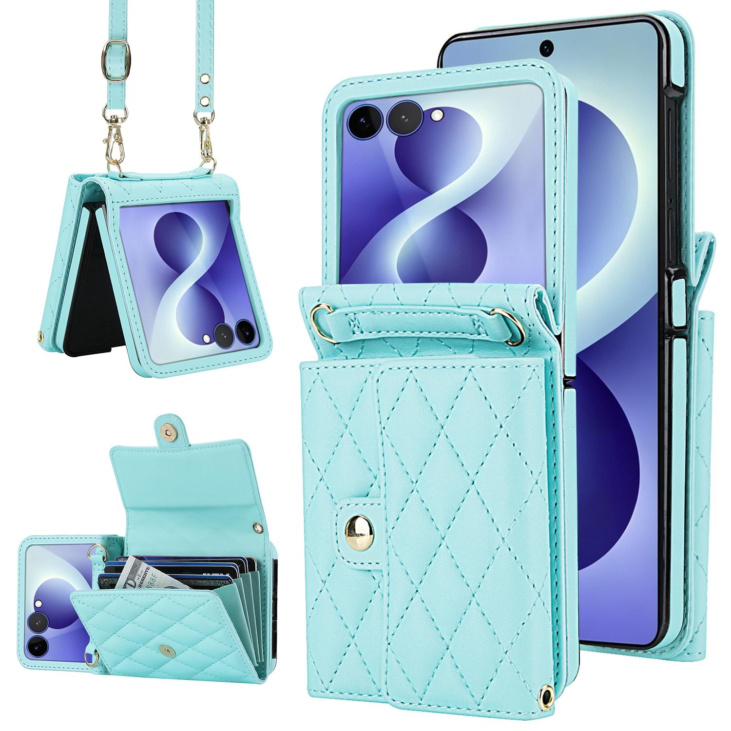 For Galaxy Z Flip8 5G Rhombic Texture Card Bag PU Phone Case with Long Lanyard(Mint Green) - Shopkiz.com