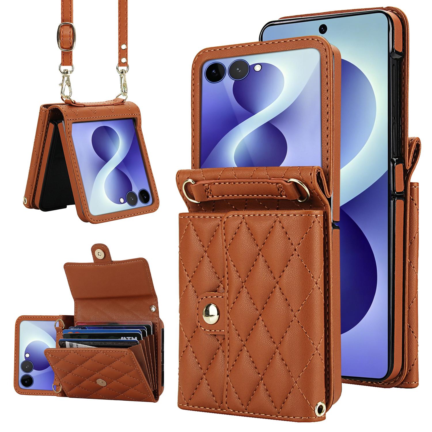 For Galaxy Z Flip8 5G Rhombic Texture Card Bag PU Phone Case with Long Lanyard(Brown) - Shopkiz.com