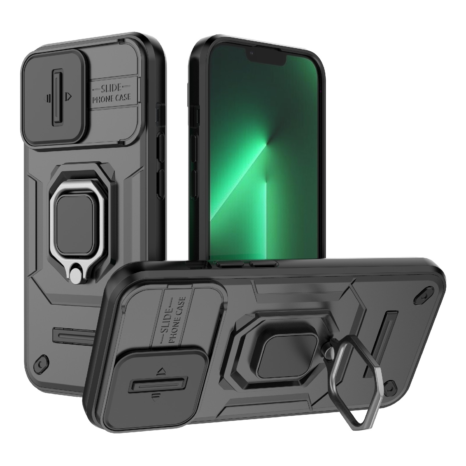 For iPhone 13 Pro Sliding Camshield TPU + PC Shockproof Phone Case with Holder(Black) - Shopkiz.com