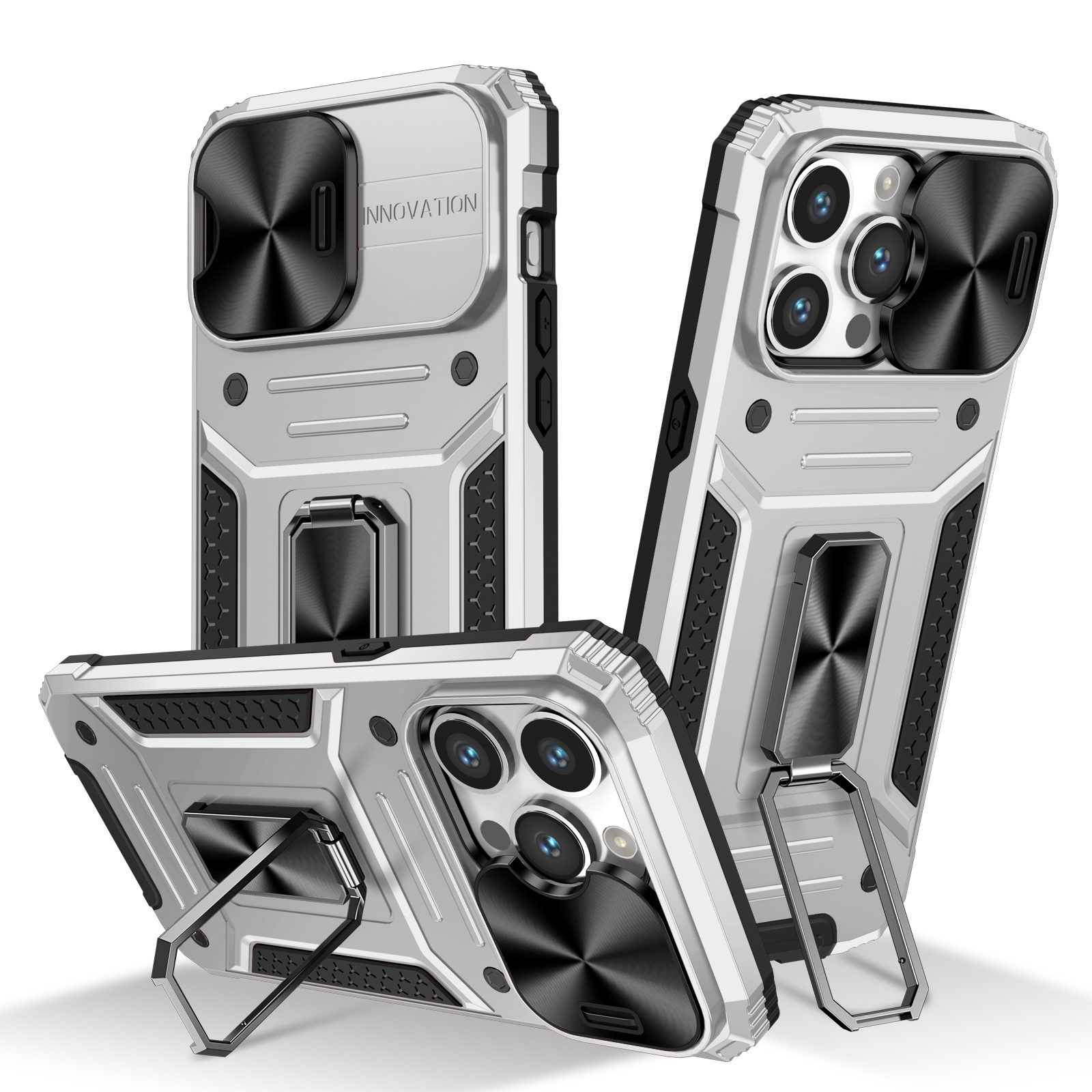 For iPhone 15 Pro Camshield Robot TPU Hybrid PC Phone Case(Silver) - Shopkiz.com